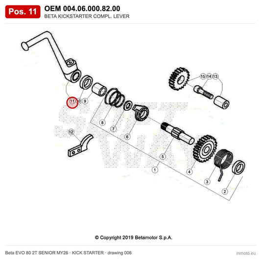 BETA KICKSTARTER COMPL. LEVER – OEM 004.06.000.82.00, position 11 on the Beta EVO 80 2T SENIOR MY26 kick starter drawing