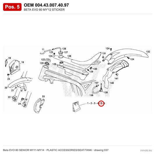 BETA EVO 80 MY'12 STICKER – OEM 004.43.007.40.97, position 5 on the Beta EVO 80 SENIOR MY11-MY14 plastic accessories/seat/tank drawing