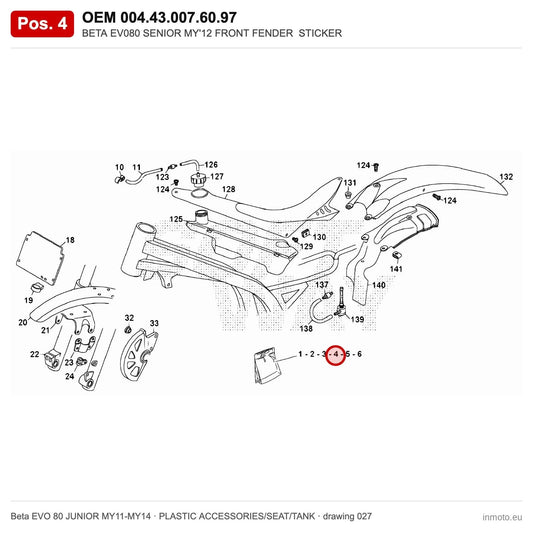 BETA EV080 SENIOR MY'12 FRONT FENDER STICKER – OEM 004.43.007.60.97, position 4 on the Beta EVO 80 JUNIOR MY11-MY14 plastic accessories/seat/tank drawing