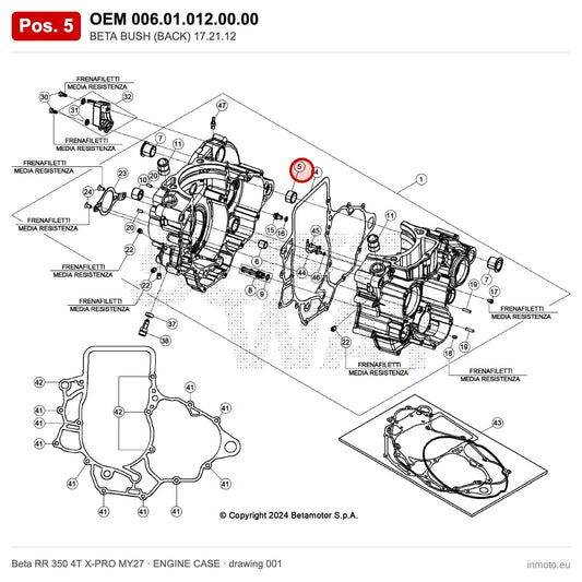 BETA BUSH (BACK) 17.21.12 – OEM 006.01.012.00.00, position 5 on the Beta RR 350 4T X-PRO MY27 engine case drawing