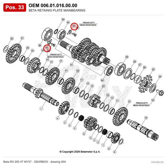 BETA RETAINIG PLATE MAINBEARING – OEM 006.01.016.00.00, position 33 on the Beta RX 250 4T MY27 gearbox drawing