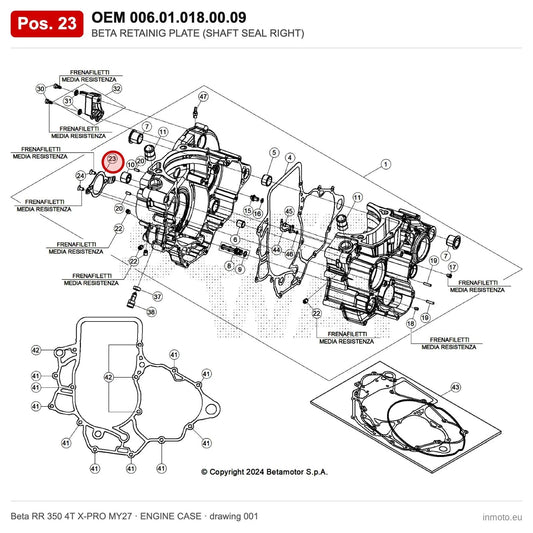 BETA RETAINIG PLATE (SHAFT SEAL RIGHT) – OEM 006.01.018.00.09, position 23 on the Beta RR 350 4T X-PRO MY27 engine case drawing