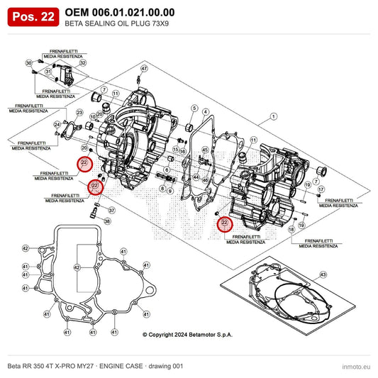 BETA SEALING OIL PLUG 73X9 – OEM 006.01.021.00.00, position 22 on the Beta RR 350 4T X-PRO MY27 engine case drawing