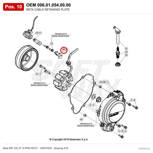 BETA CABLE RETAINING PLATE – OEM 006.01.054.00.00, position 10 on the Beta RR 125 2T X-PRO MY27 ignition drawing