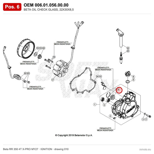 BETA OIL CHECK GLASS, 22X30X8,5 – OEM 006.01.056.00.00, position 6 on the Beta RR 350 4T X-PRO MY27 ignition drawing