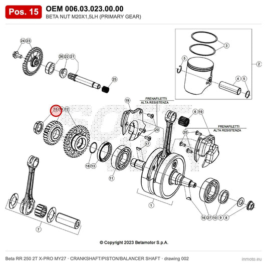 BETA NUT M20X1,5LH (PRIMARY GEAR) – OEM 006.03.023.00.00, position 15 on the Beta RR 250 2T X-PRO MY27 crankshaft/piston/balancer shaft drawing