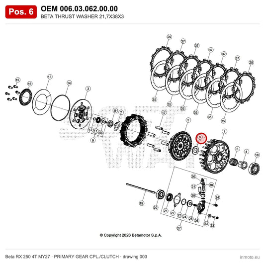 BETA THRUST WASHER 21,7X38X3 – OEM 006.03.062.00.00, position 6 on the Beta RX 250 4T MY27 primary gear cpl./clutch drawing