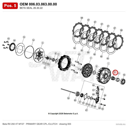 BETA SEAL 26.30.22 – OEM 006.03.063.00.00, position 5 on the Beta RX 250 4T MY27 primary gear cpl./clutch drawing