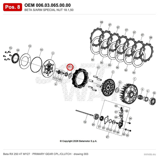 BETA S/ARM SPECIAL NUT 18.1,50 – OEM 006.03.065.00.00, position 8 on the Beta RX 250 4T MY27 primary gear cpl./clutch drawing