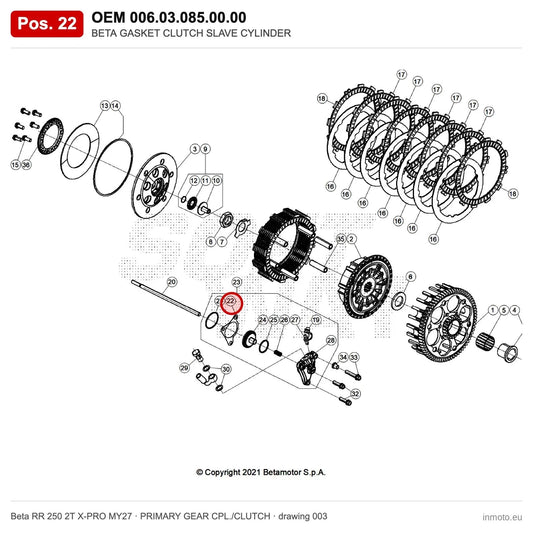 BETA GASKET CLUTCH SLAVE CYLINDER – OEM 006.03.085.00.00, position 22 on the Beta RR 250 2T X-PRO MY27 primary gear cpl./clutch drawing