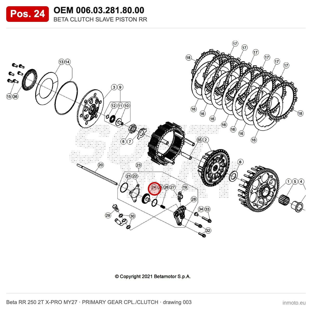 BETA CLUTCH SLAVE PISTON RR – OEM 006.03.281.80.00, position 24 on the Beta RR 250 2T X-PRO MY27 primary gear cpl./clutch drawing
