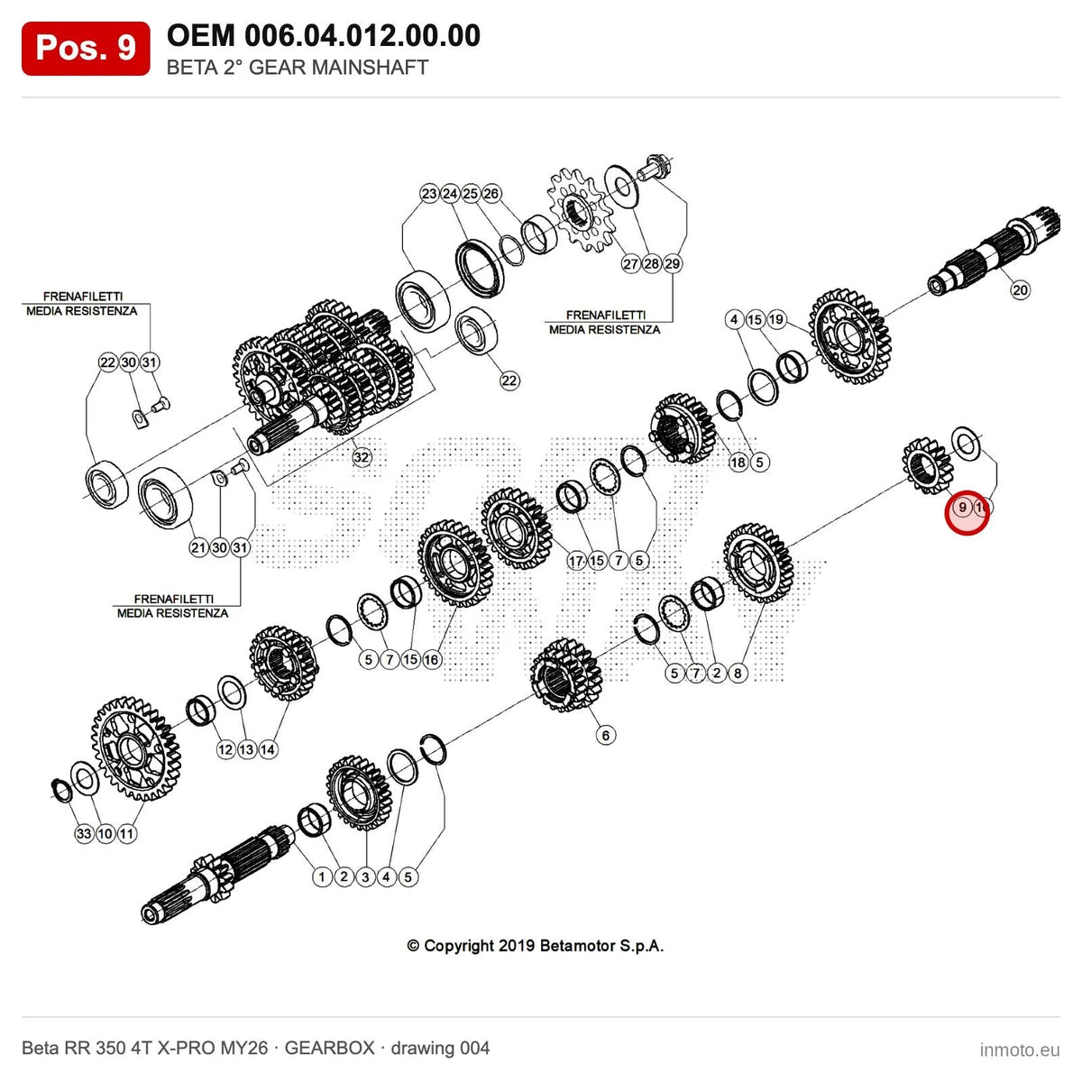 BETA 2° GEAR MAINSHAFT – OEM 006.04.012.00.00, position 9 on the Beta RR 350 4T X-PRO MY26 gearbox drawing
