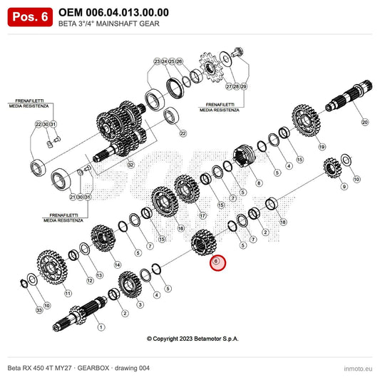 BETA 3°/4° MAINSHAFT GEAR – OEM 006.04.013.00.00, position 6 on the Beta RX 450 4T MY27 gearbox drawing