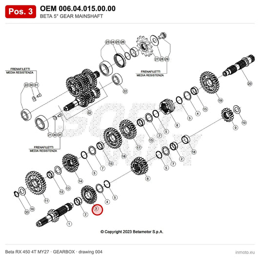 BETA 5° GEAR MAINSHAFT – OEM 006.04.015.00.00, position 3 on the Beta RX 450 4T MY27 gearbox drawing