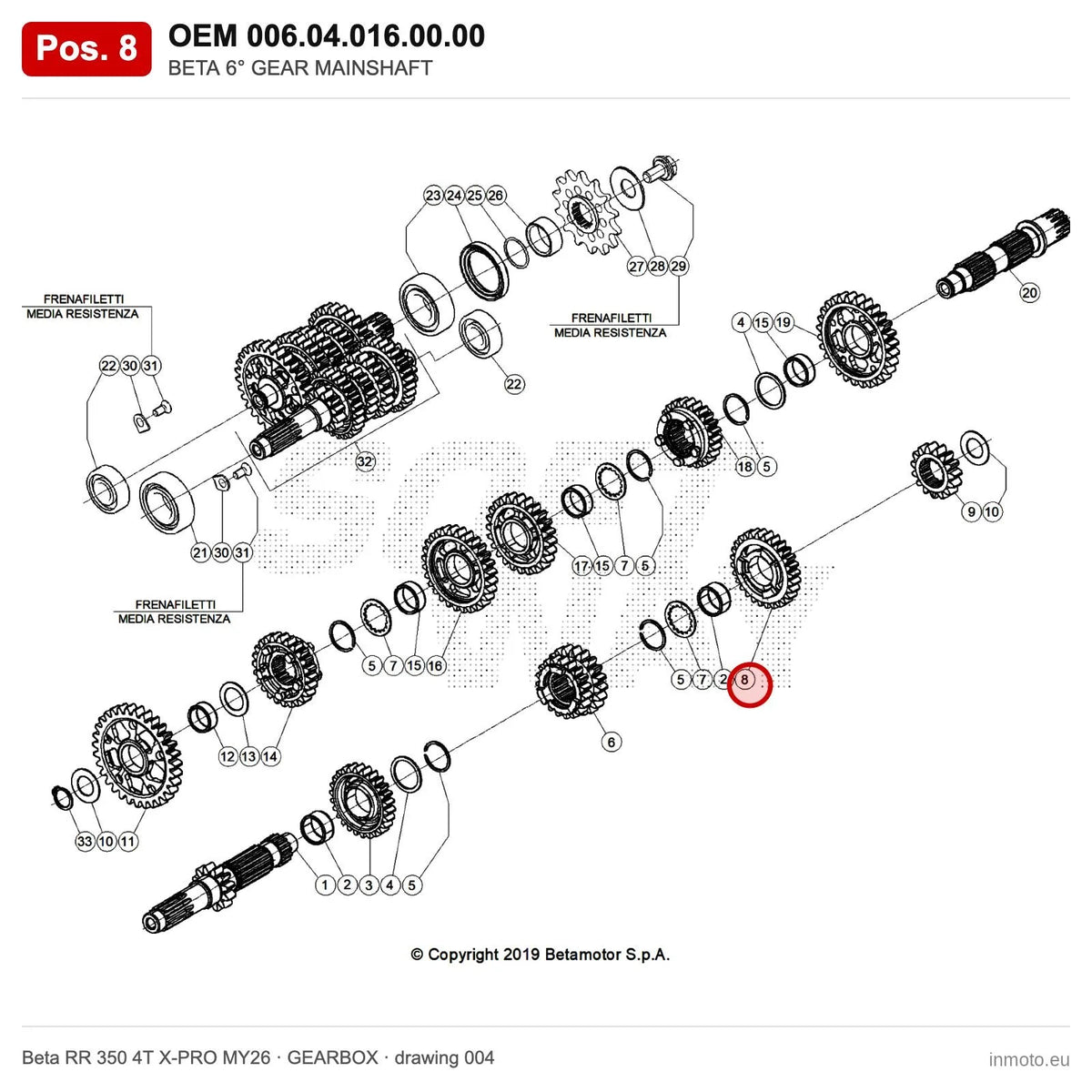 BETA 6° GEAR MAINSHAFT – OEM 006.04.016.00.00, position 8 on the Beta RR 350 4T X-PRO MY26 gearbox drawing