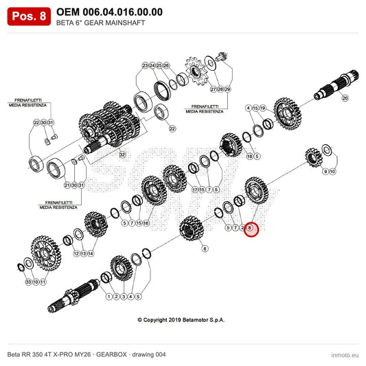 BETA 6° GEAR MAINSHAFT – OEM 006.04.016.00.00, position 8 on the Beta RR 350 4T X-PRO MY26 gearbox drawing