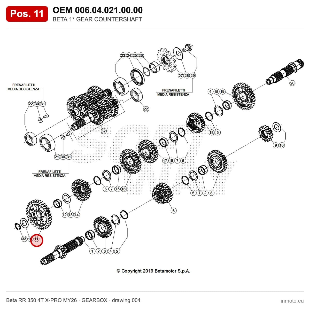 BETA 1° GEAR COUNTERSHAFT – OEM 006.04.021.00.00, position 11 on the Beta RR 350 4T X-PRO MY26 gearbox drawing