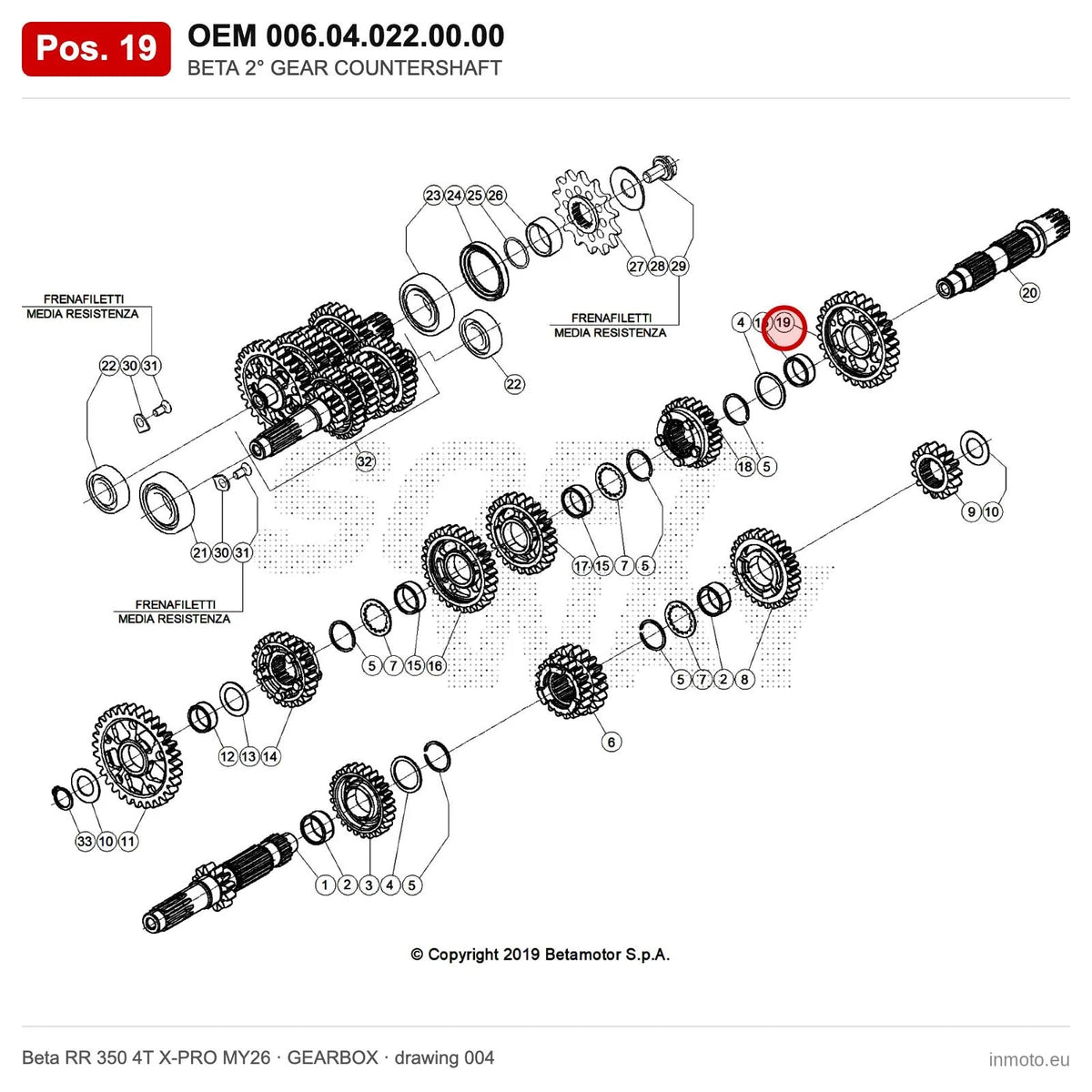 BETA 2° GEAR COUNTERSHAFT – OEM 006.04.022.00.00, position 19 on the Beta RR 350 4T X-PRO MY26 gearbox drawing