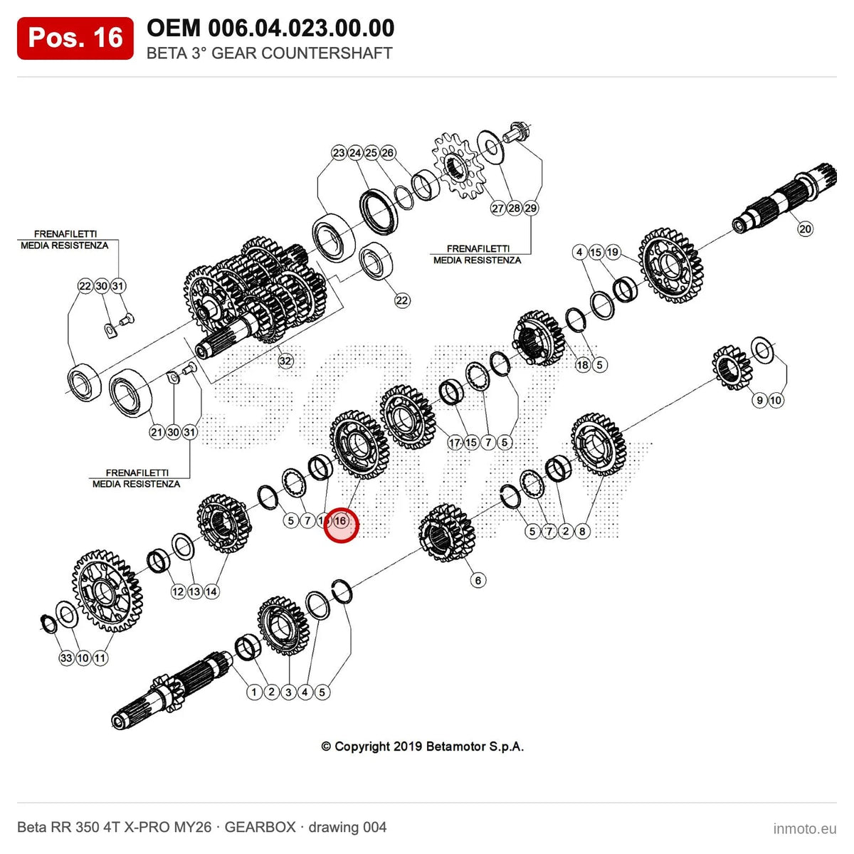 BETA 3° GEAR COUNTERSHAFT – OEM 006.04.023.00.00, position 16 on the Beta RR 350 4T X-PRO MY26 gearbox drawing
