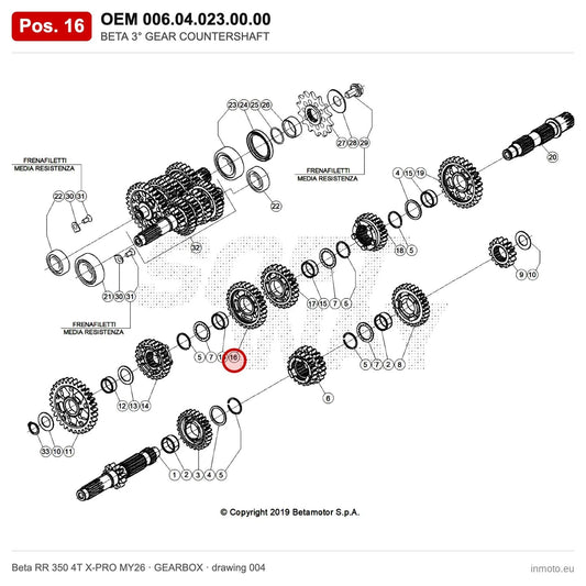 BETA 3° GEAR COUNTERSHAFT – OEM 006.04.023.00.00, position 16 on the Beta RR 350 4T X-PRO MY26 gearbox drawing