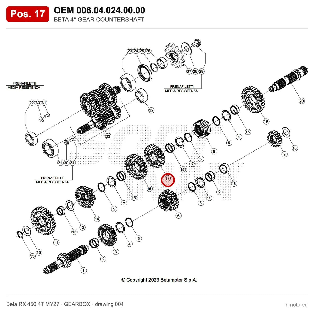 BETA 4° GEAR COUNTERSHAFT – OEM 006.04.024.00.00, position 17 on the Beta RX 450 4T MY27 gearbox drawing