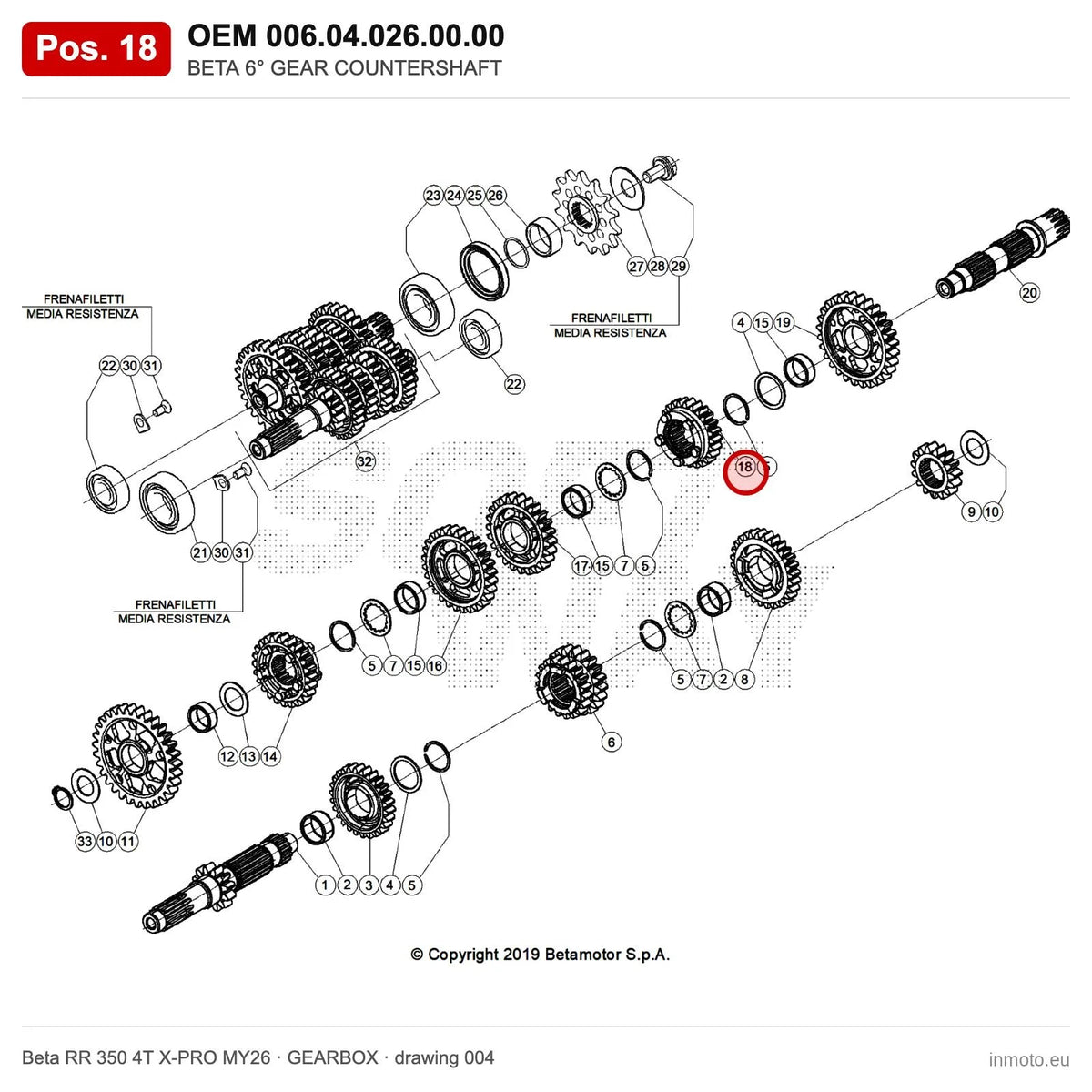 BETA 6° GEAR COUNTERSHAFT – OEM 006.04.026.00.00, position 18 on the Beta RR 350 4T X-PRO MY26 gearbox drawing