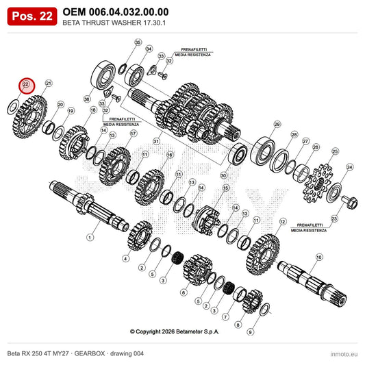 BETA THRUST WASHER 17.30.1 – OEM 006.04.032.00.00, position 22 on the Beta RX 250 4T MY27 gearbox drawing
