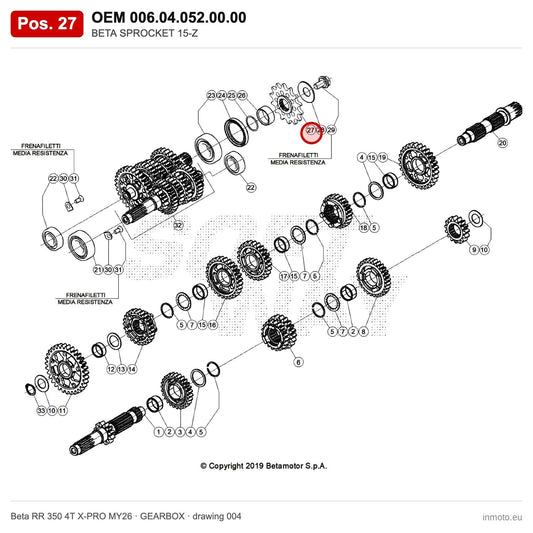 BETA SPROCKET 15-Z – OEM 006.04.052.00.00, position 27 on the Beta RR 350 4T X-PRO MY26 gearbox drawing