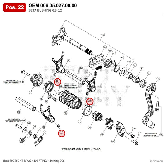 BETA BUSHING 6.8.5,2 – OEM 006.05.027.00.00, position 22 on the Beta RX 250 4T MY27 shifting drawing