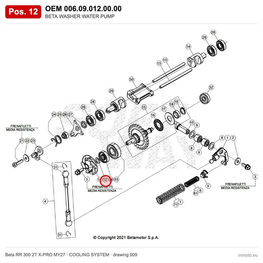 BETA WASHER WATER PUMP – OEM 006.09.012.00.00, position 12 on the Beta RR 300 2T X-PRO MY27 cooling system drawing