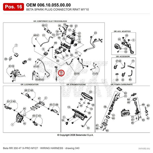 BETA SPARK PLUG CONNECTOR RR4T MY'10 – OEM 006.10.055.00.00, position 16 on the Beta RR 350 4T X-PRO MY27 wiring harness drawing