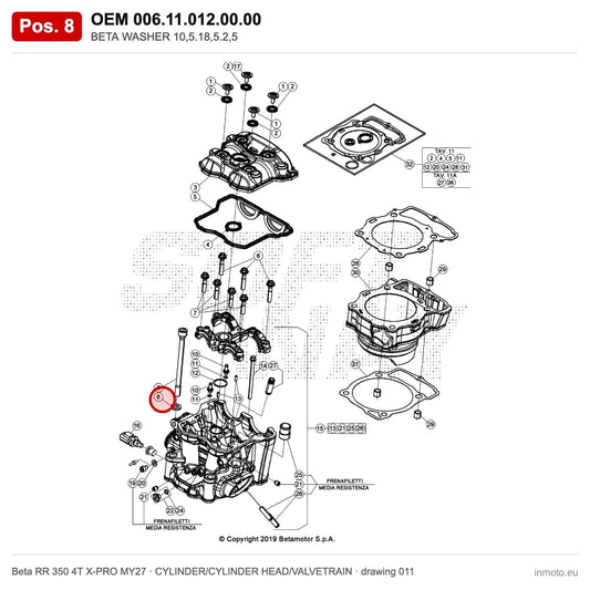 BETA WASHER 10,5.18,5.2,5 – OEM 006.11.012.00.00, position 8 on the Beta RR 350 4T X-PRO MY27 cylinder/cylinder head/valvetrain drawing