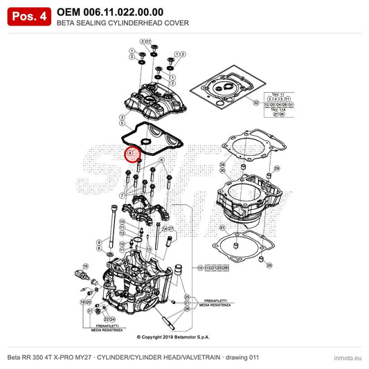 BETA SEALING CYLINDERHEAD COVER – OEM 006.11.022.00.00, position 4 on the Beta RR 350 4T X-PRO MY27 cylinder/cylinder head/valvetrain drawing