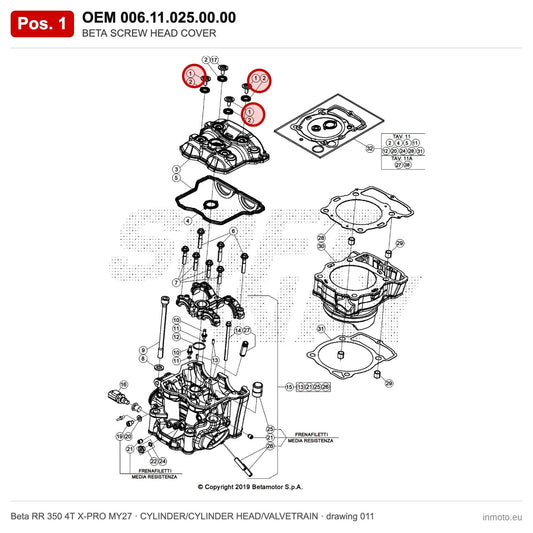 BETA SCREW HEAD COVER – OEM 006.11.025.00.00, position 1 on the Beta RR 350 4T X-PRO MY27 cylinder/cylinder head/valvetrain drawing