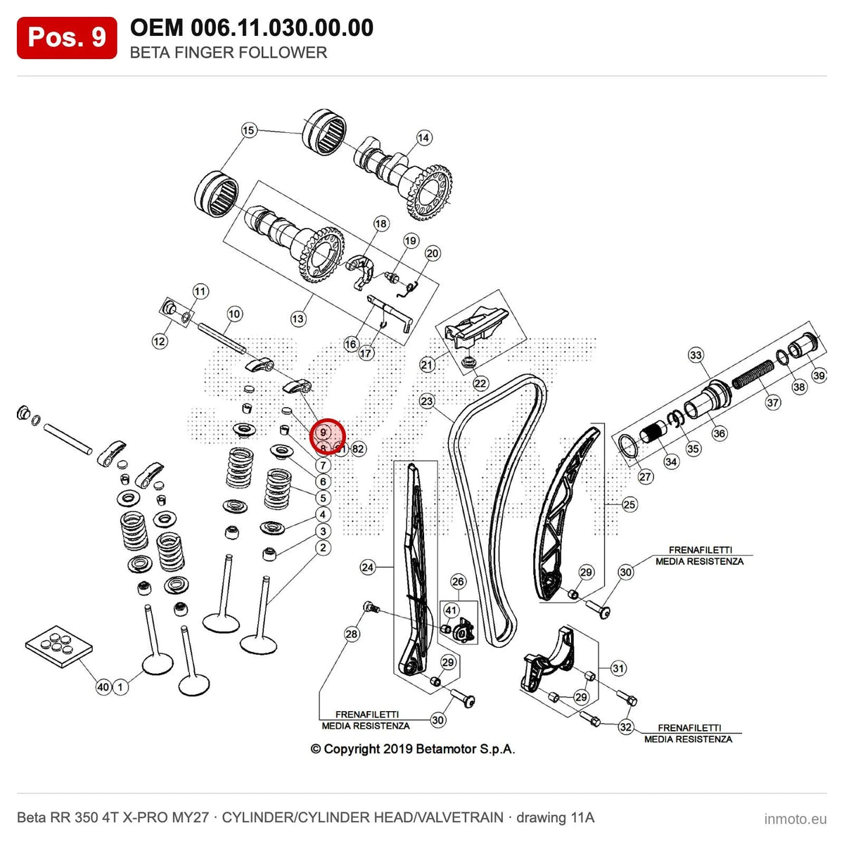 BETA FINGER FOLLOWER – OEM 006.11.030.00.00, position 9 on the Beta RR 350 4T X-PRO MY27 cylinder/cylinder head/valvetrain drawing