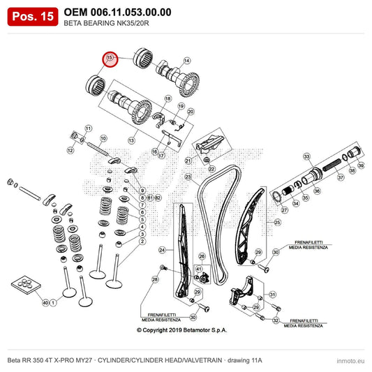 BETA BEARING NK35/20R – OEM 006.11.053.00.00, position 15 on the Beta RR 350 4T X-PRO MY27 cylinder/cylinder head/valvetrain drawing