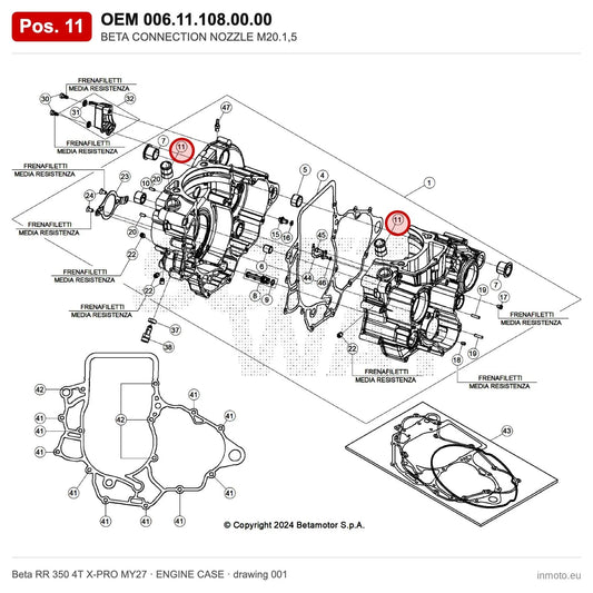 BETA CONNECTION NOZZLE M20.1,5 – OEM 006.11.108.00.00, position 11 on the Beta RR 350 4T X-PRO MY27 engine case drawing