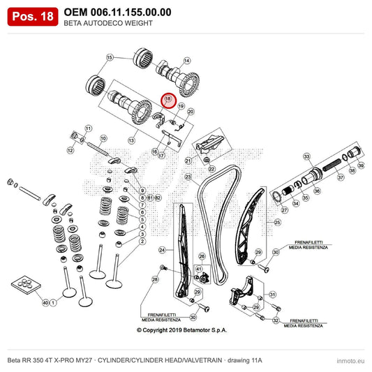BETA AUTODECO WEIGHT – OEM 006.11.155.00.00, position 18 on the Beta RR 350 4T X-PRO MY27 cylinder/cylinder head/valvetrain drawing