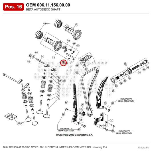 BETA AUTODECO SHAFT – OEM 006.11.156.00.00, position 16 on the Beta RR 350 4T X-PRO MY27 cylinder/cylinder head/valvetrain drawing