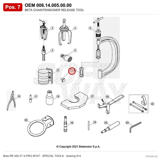 BETA CHAINTENSIONER RELEASE TOOL – OEM 006.14.005.00.00, position 7 on the Beta RR 350 4T X-PRO MY27 special tools drawing