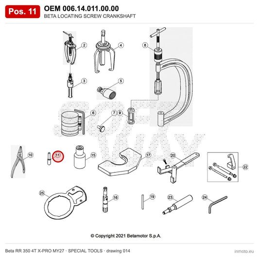 BETA LOCATING SCREW CRANKSHAFT – OEM 006.14.011.00.00, position 11 on the Beta RR 350 4T X-PRO MY27 special tools drawing