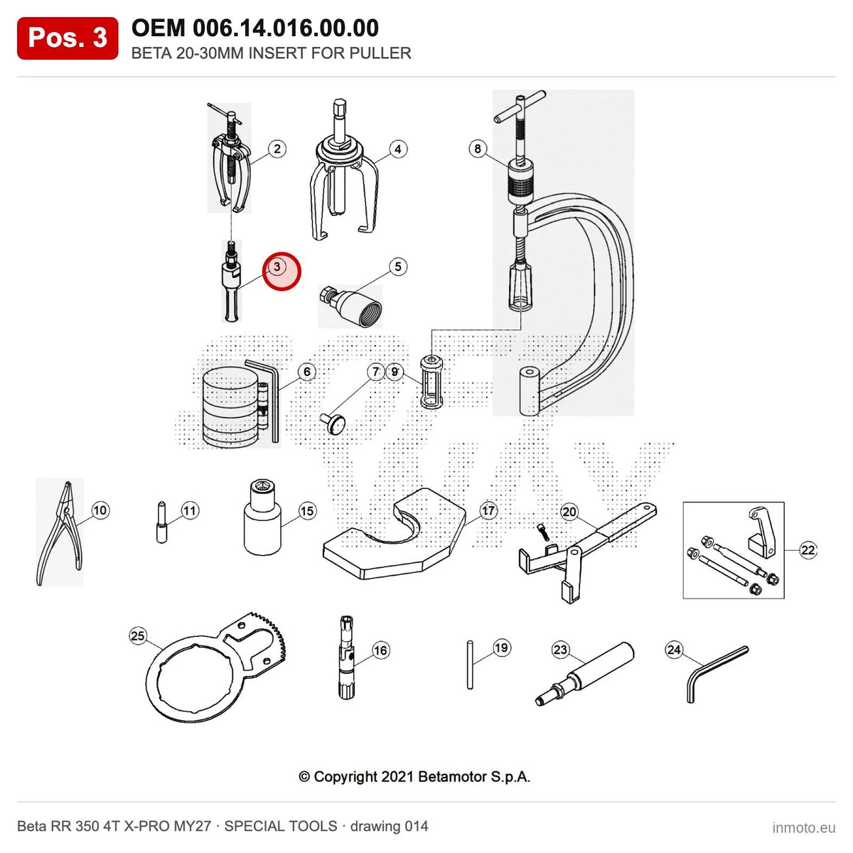 BETA 20-30MM INSERT FOR PULLER – OEM 006.14.016.00.00, position 3 on the Beta RR 350 4T X-PRO MY27 special tools drawing