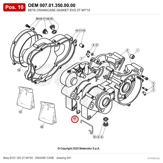 BETA CRANKCASE GASKET EVO 2T MY'14 – OEM 007.01.350.00.00, position 10 on the Beta EVO 125 2T MY25 engine case drawing