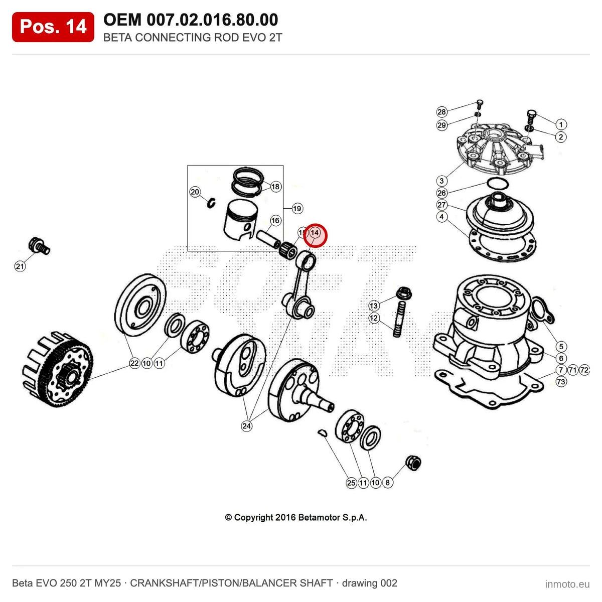 BETA CONNECTING ROD EVO 2T – OEM 007.02.016.80.00, position 14 on the Beta EVO 250 2T MY25 crankshaft/piston/balancer shaft drawing