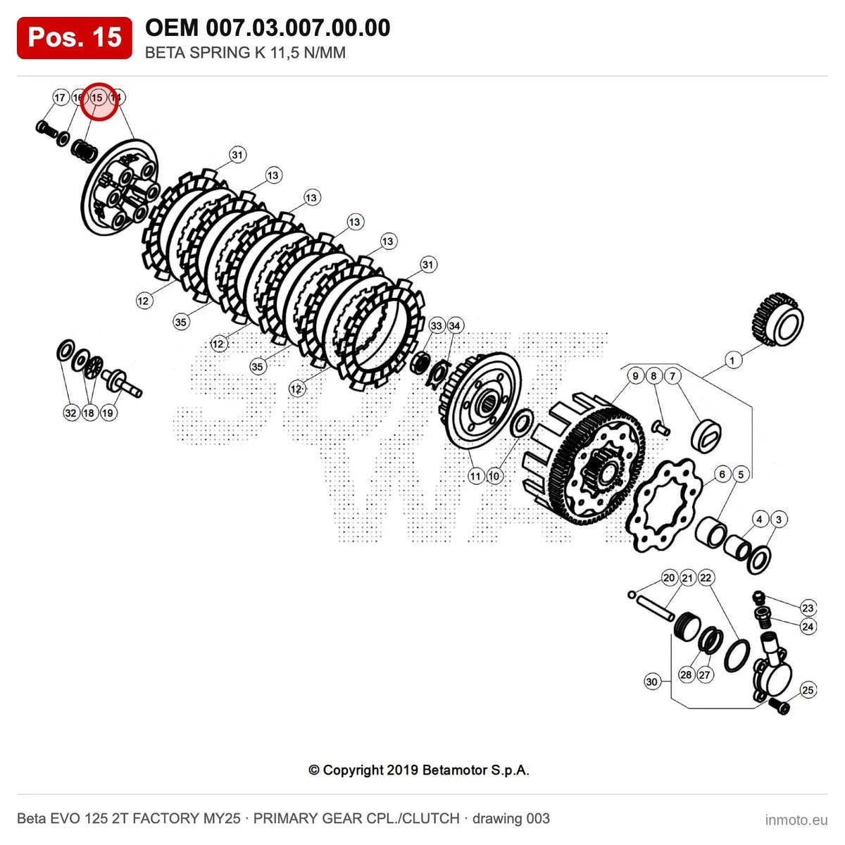 BETA SPRING K 11,5 N/MM – OEM 007.03.007.00.00, position 15 on the Beta EVO 125 2T FACTORY MY25 primary gear cpl./clutch drawing