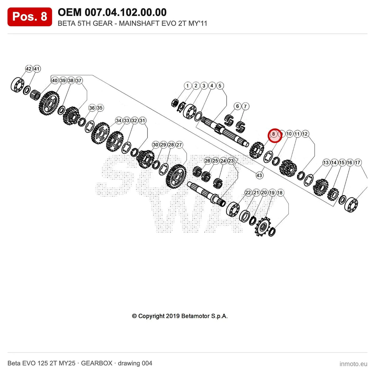 BETA 5TH GEAR - MAINSHAFT EVO 2T MY'11 – OEM 007.04.102.00.00, position 8 on the Beta EVO 125 2T MY25 gearbox drawing