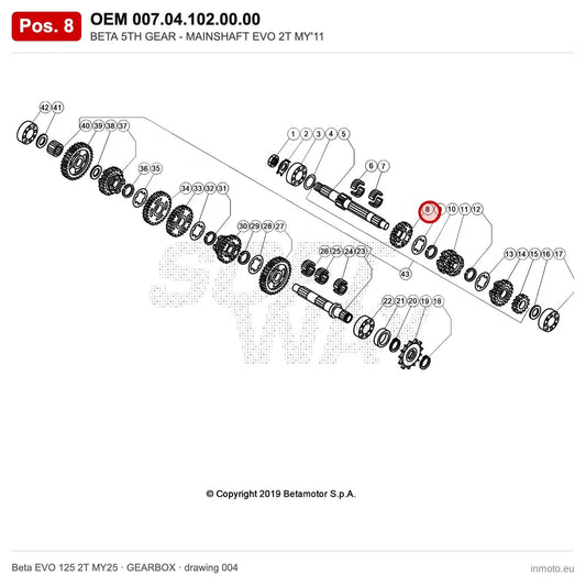 BETA 5TH GEAR - MAINSHAFT EVO 2T MY'11 – OEM 007.04.102.00.00, position 8 on the Beta EVO 125 2T MY25 gearbox drawing