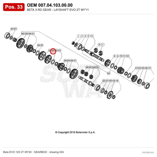 BETA 3 RD GEAR - LAYSHAFT EVO 2T MY'11 – OEM 007.04.103.00.00, position 33 on the Beta EVO 125 2T MY25 gearbox drawing