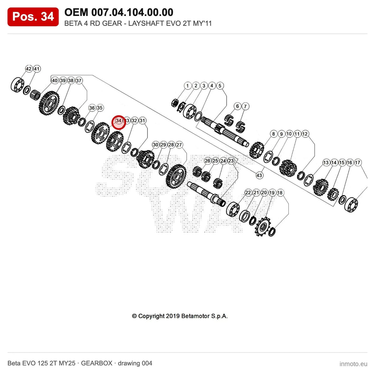 BETA 4 RD GEAR - LAYSHAFT EVO 2T MY'11 – OEM 007.04.104.00.00, position 34 on the Beta EVO 125 2T MY25 gearbox drawing