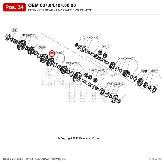 BETA 4 RD GEAR - LAYSHAFT EVO 2T MY'11 – OEM 007.04.104.00.00, position 34 on the Beta EVO 125 2T MY25 gearbox drawing